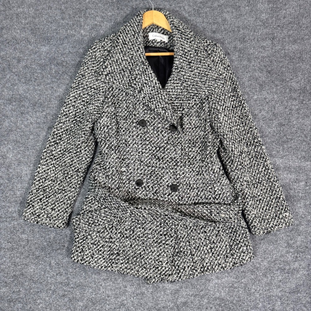 Calvin Klein Tweed Double Breasted Pea Coat Womens 12 Black White Wool Blend EUC